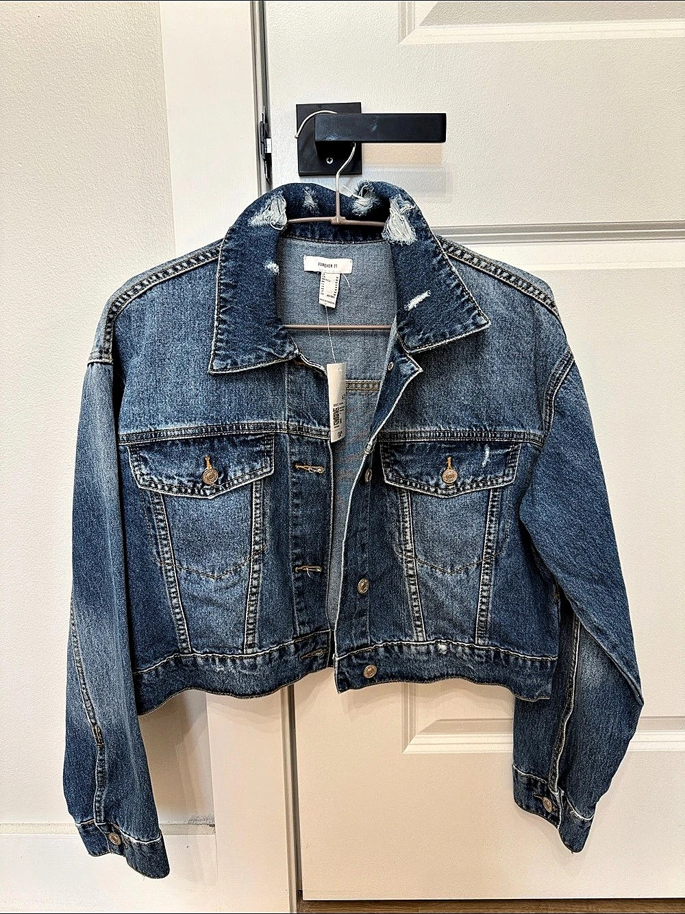 Forever 21 Distressed Denim Trucker Jacket Blue Medium